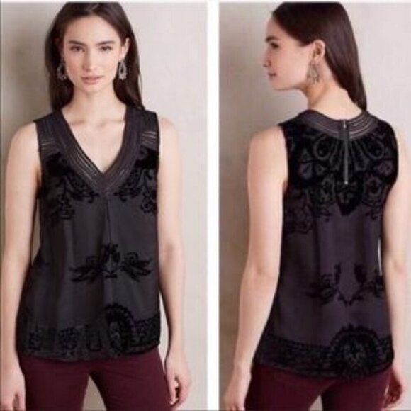 ANTHROPOLOGIE Meadow Rue Fanya Top Size S Black Burnout Velvet Festival Chic - Picture 2 of 9